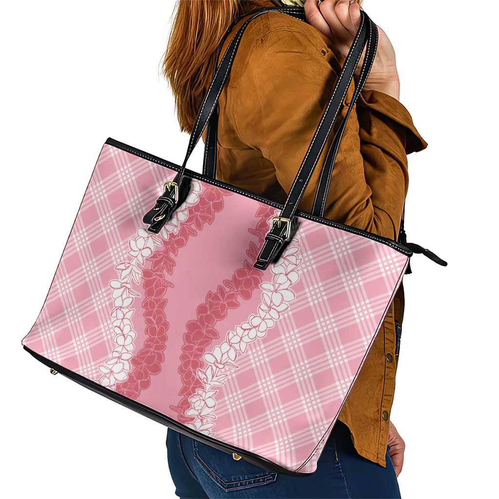 Hawaii Aloha Plumeria Lei Pink Palaka Leather Tote Bag - Polynesian Pride