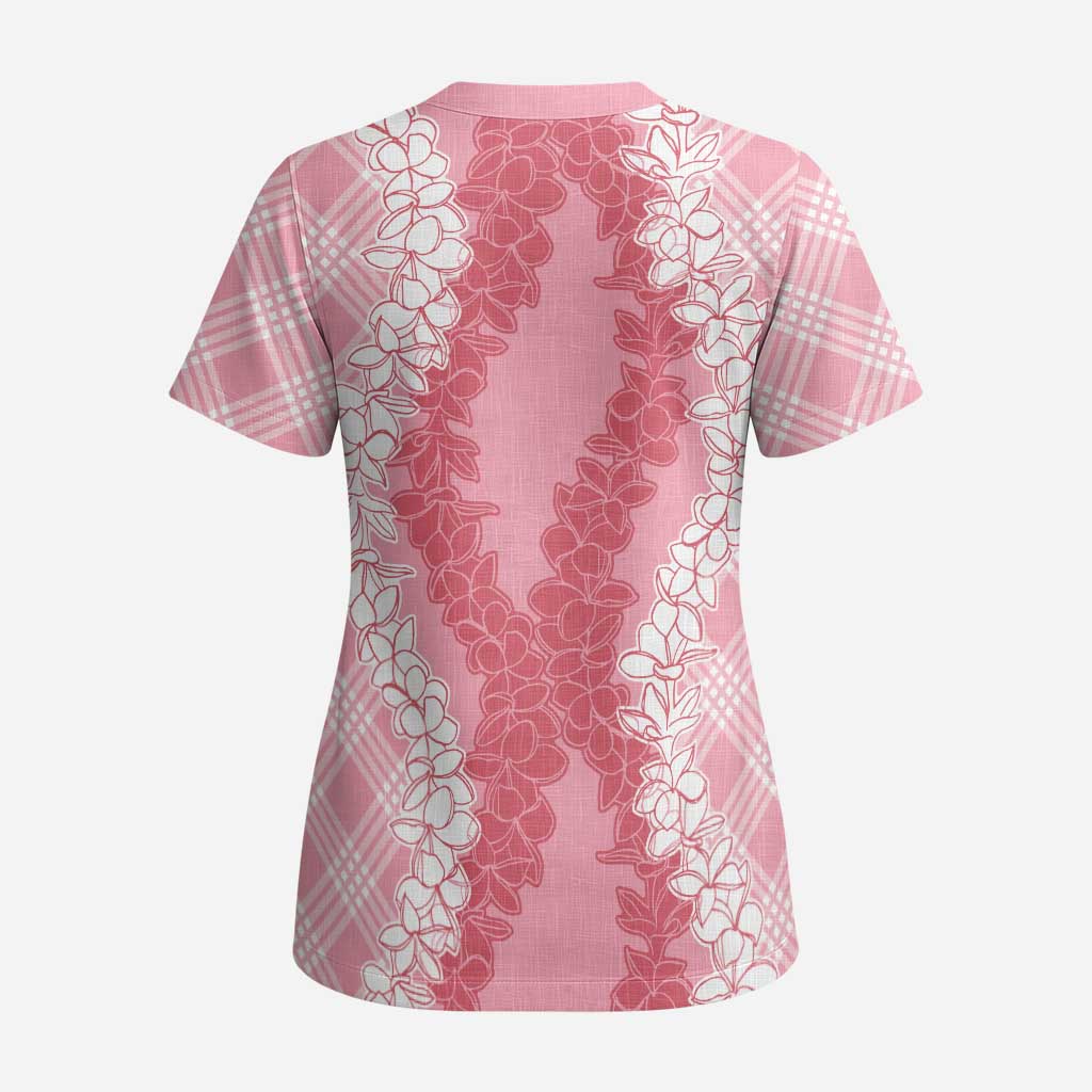 Hawaii Aloha Plumeria Lei Pink Palaka Scrub Top - Polynesian Pride