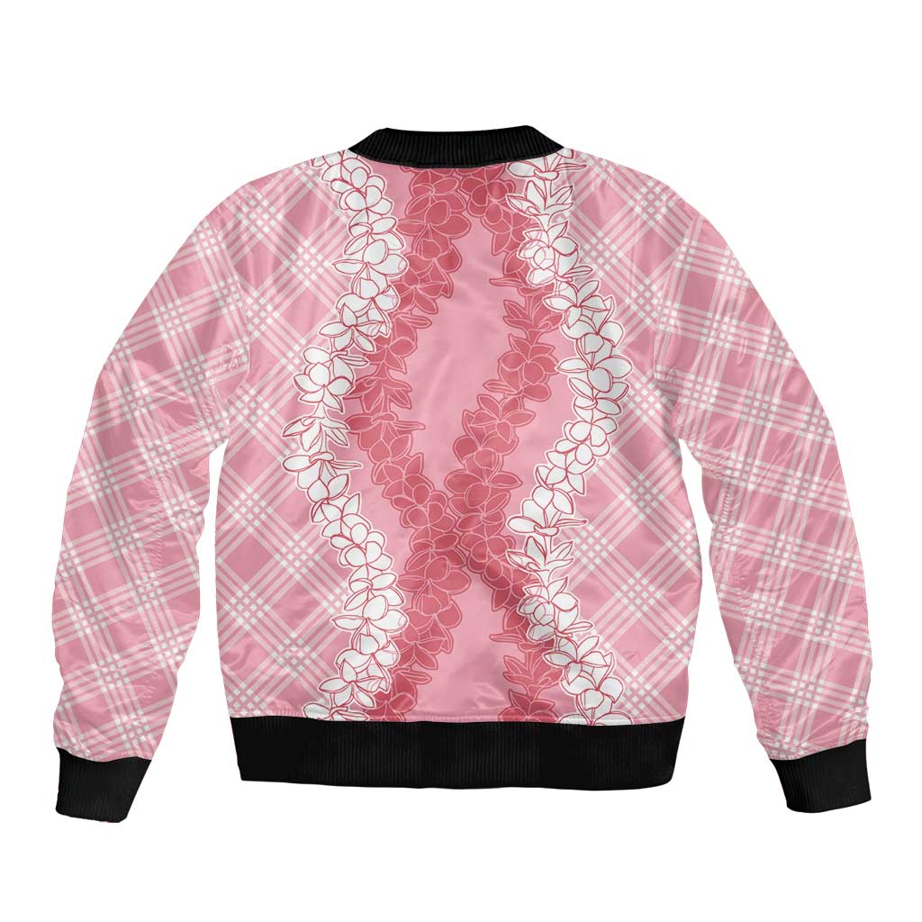 Hawaii Aloha Plumeria Lei Pink Palaka Sleeve Zip Bomber Jacket - Polynesian Pride