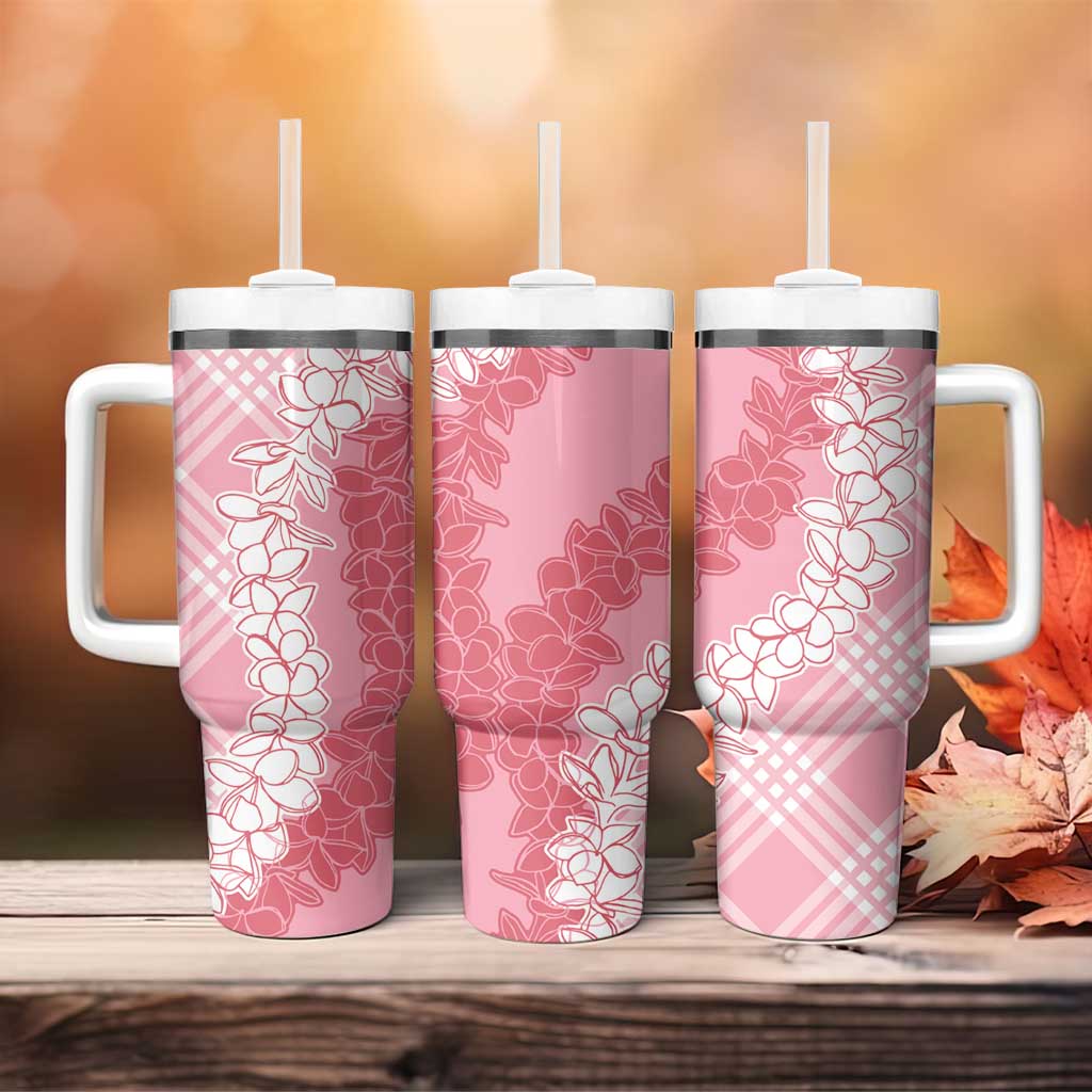 Hawaii Aloha Plumeria Lei Pink Palaka Tumbler With Handle - Polynesian Pride