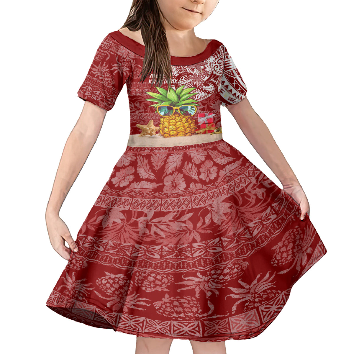 Mele Kalikimaka Hawaii Christmas Family Matching Puletasi Dress and Hawaiian Shirt Pineapple Party LT7 Daughter's Dress Red - Polynesian Pride