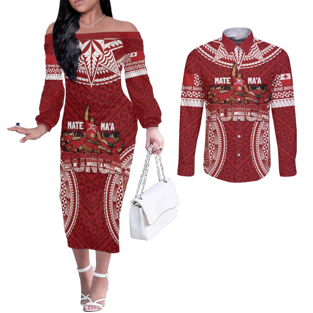 Personalized Mate Maa Tonga Rugby Couples Matching Off The Shoulder Long Sleeve Dress and Long Sleeve Button Shirt Ofa Atu Tonga