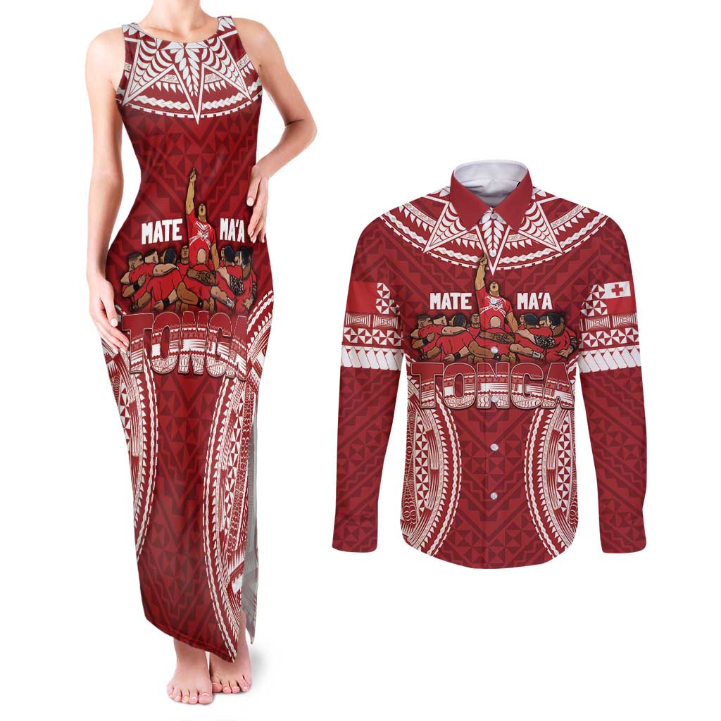 Personalized Mate Maa Tonga Rugby Couples Matching Tank Maxi Dress and Long Sleeve Button Shirt Ofa Atu Tonga