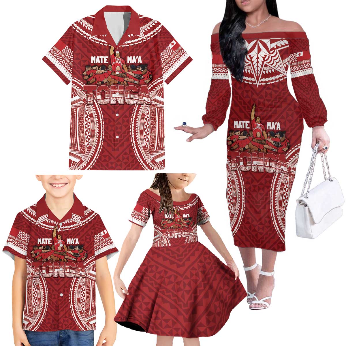 Personalized Mate Maa Tonga Rugby Family Matching Off The Shoulder Long Sleeve Dress and Hawaiian Shirt Ofa Atu Tonga LT7 - Polynesian Pride