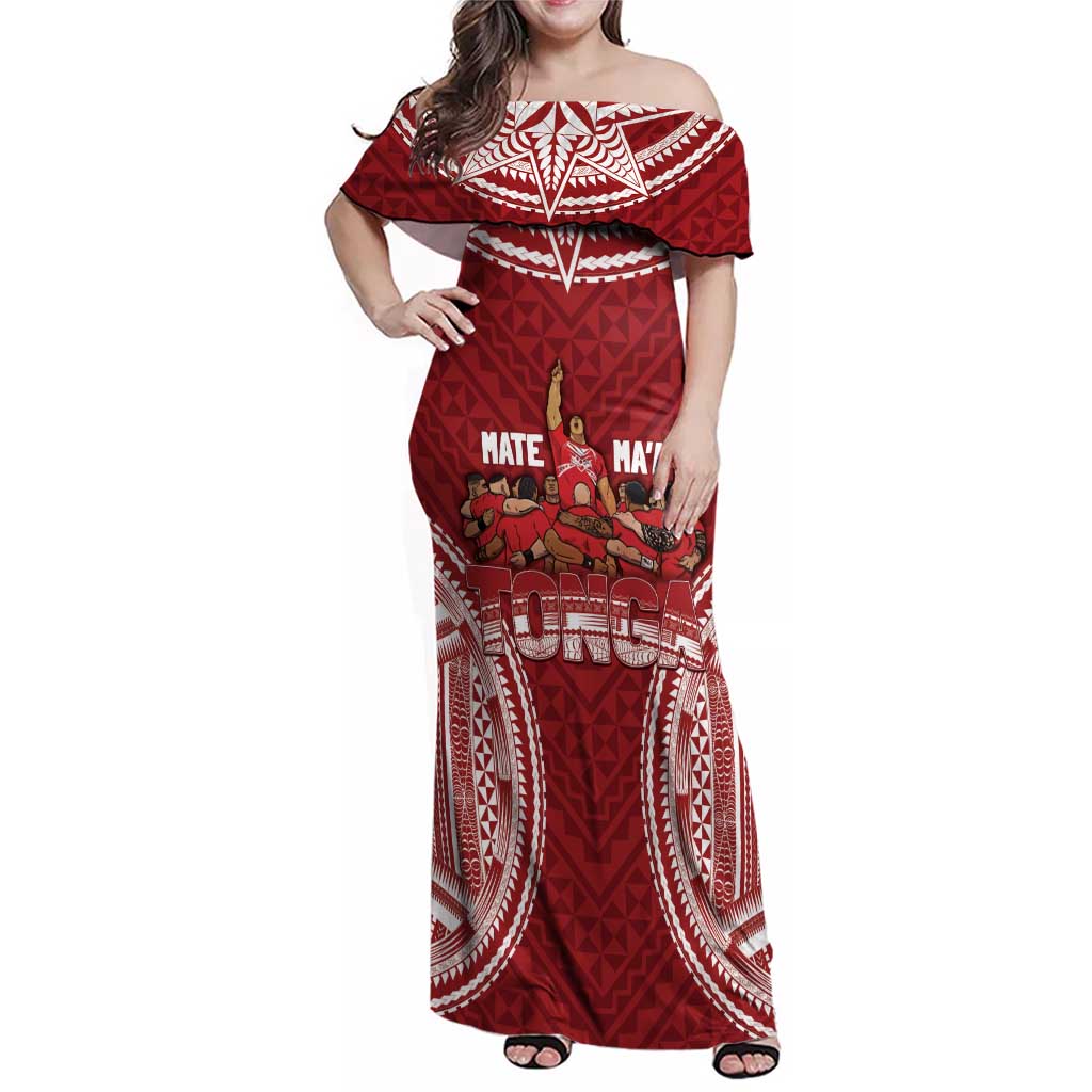 Personalized Mate Maa Tonga Rugby Family Matching Off Shoulder Maxi Dress and Hawaiian Shirt Ofa Atu Tonga LT7 Mom's Dress Red - Polynesian Pride