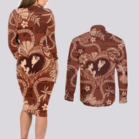 Hawaii Plumeria Couples Matching Long Sleeve Bodycon Dress and Long Sleeve Button Shirt Hau'oli la Makuahine Sunburned LT7 - Polynesian Pride