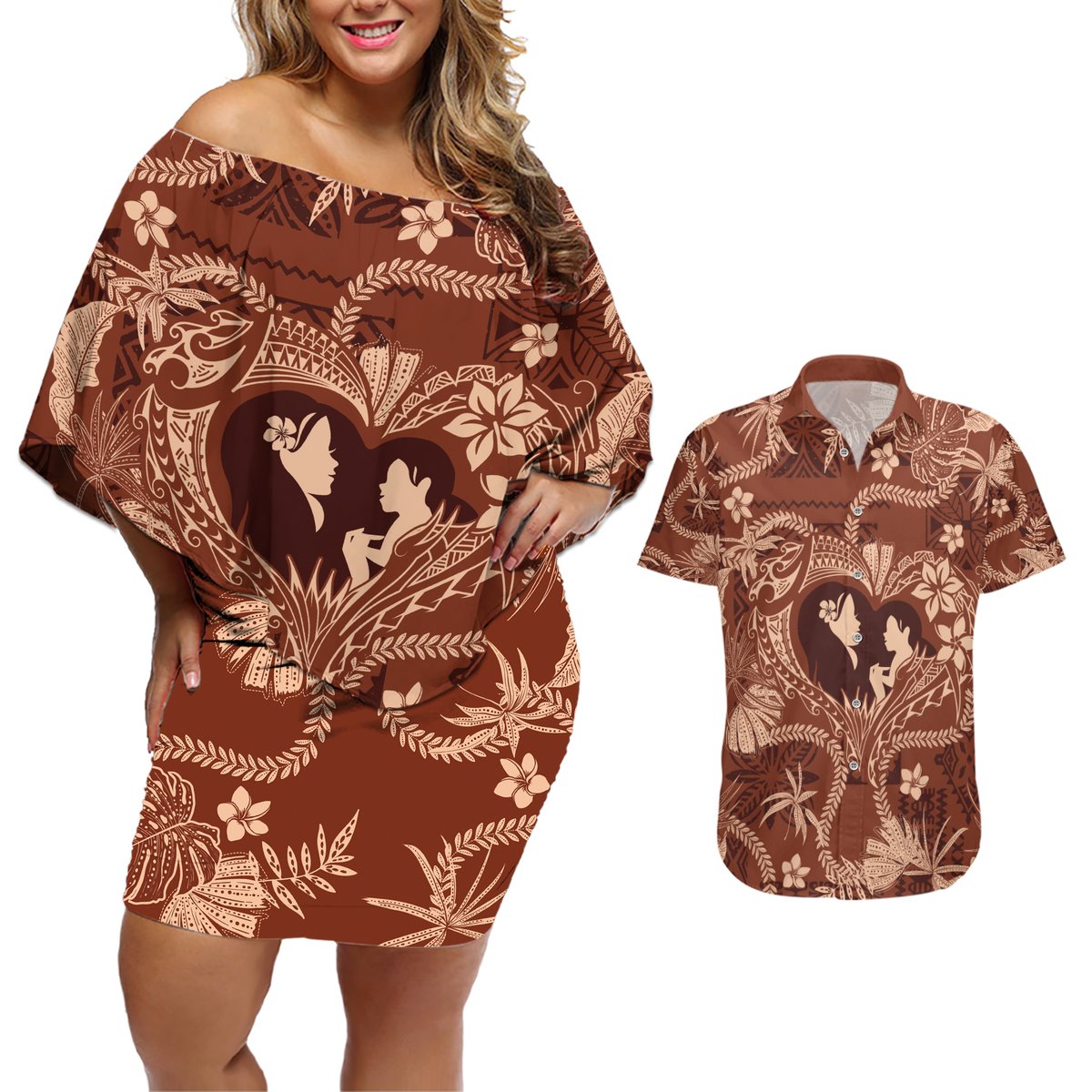 Hawaii Plumeria Couples Matching Off Shoulder Short Dress and Hawaiian Shirt Hau'oli la Makuahine Sunburned LT7 Brown - Polynesian Pride