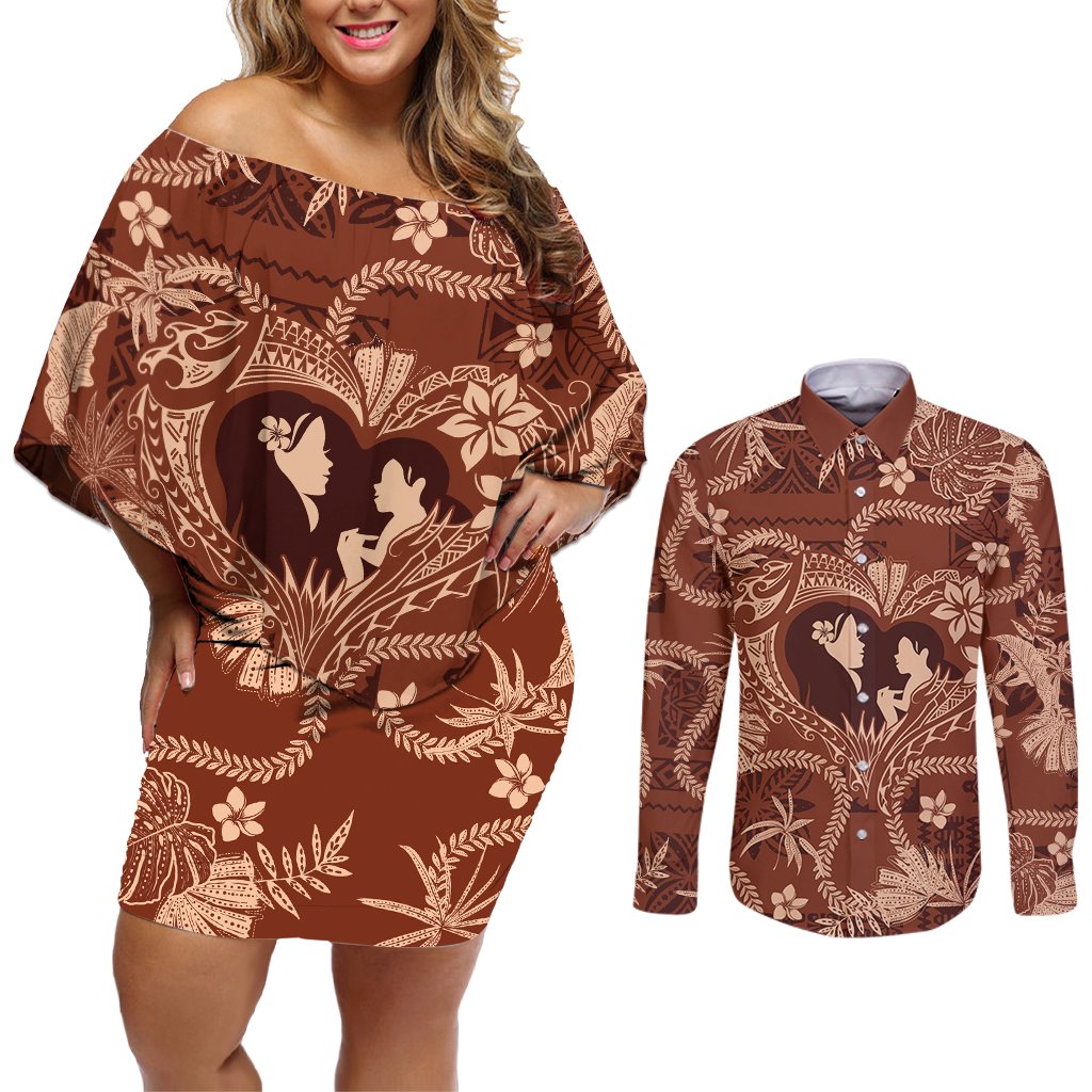 Hawaii Plumeria Couples Matching Off Shoulder Short Dress and Long Sleeve Button Shirt Hau'oli la Makuahine Sunburned LT7 Brown - Polynesian Pride