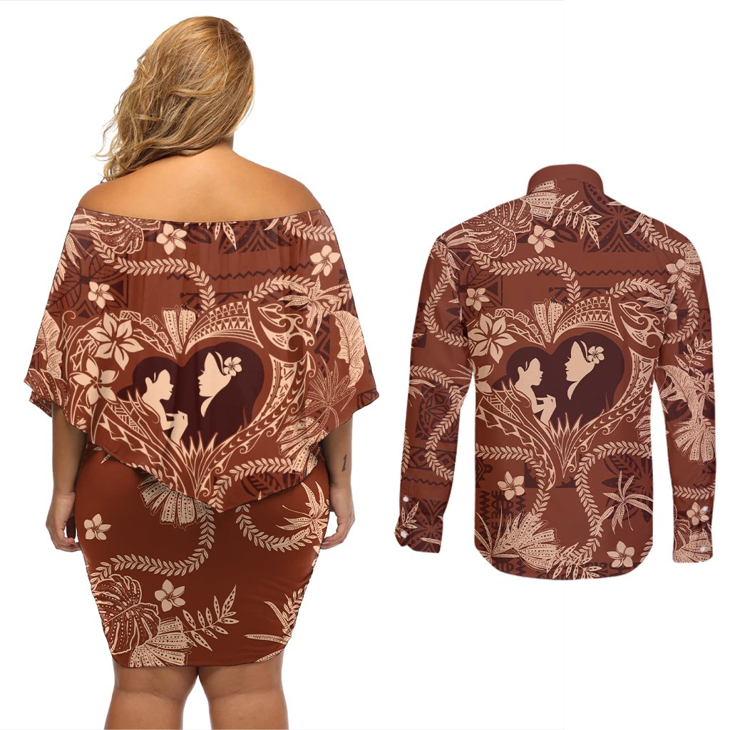 Hawaii Plumeria Couples Matching Off Shoulder Short Dress and Long Sleeve Button Shirt Hau'oli la Makuahine Sunburned LT7 - Polynesian Pride