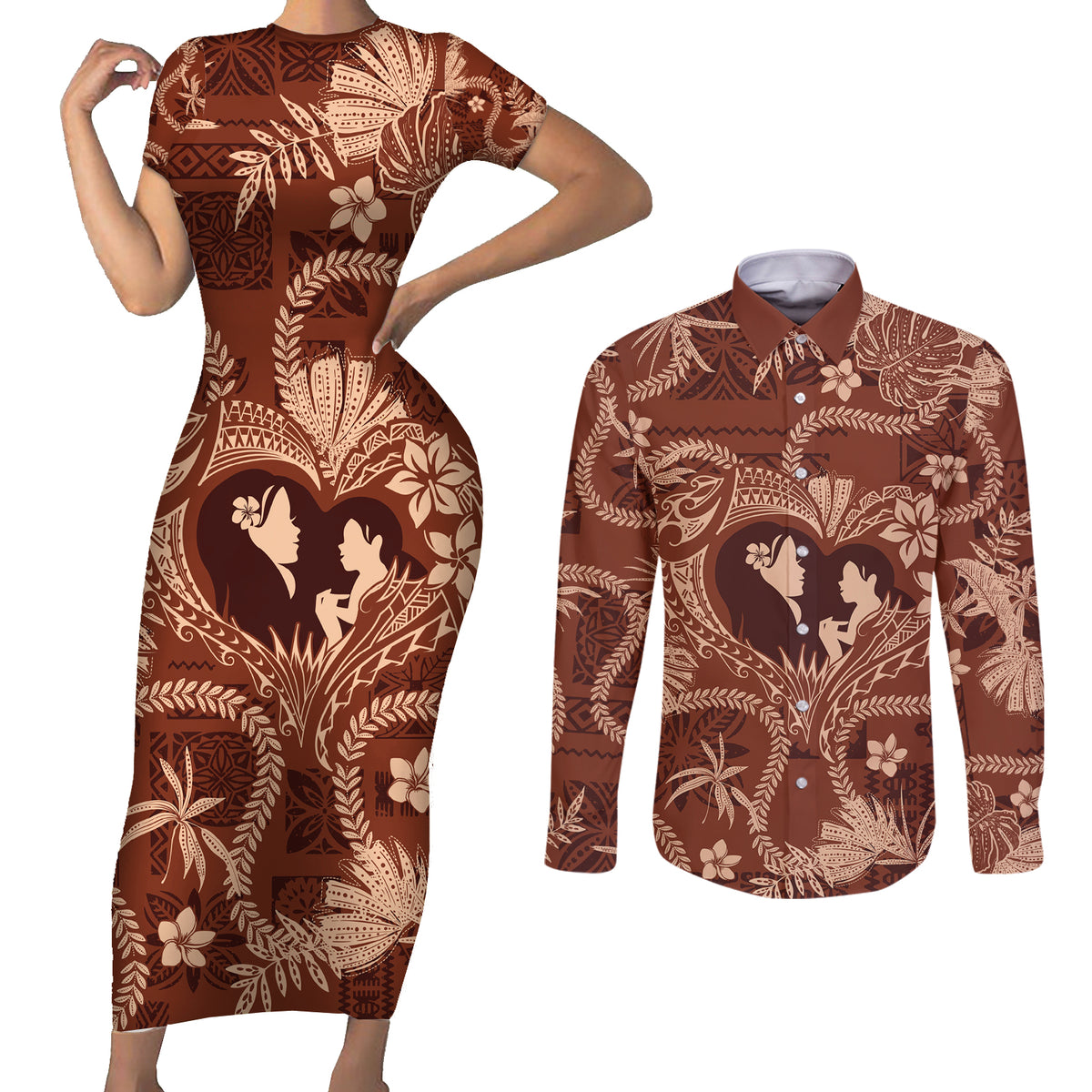 Hawaii Plumeria Couples Matching Short Sleeve Bodycon Dress and Long Sleeve Button Shirt Hau'oli la Makuahine Sunburned LT7 Brown - Polynesian Pride