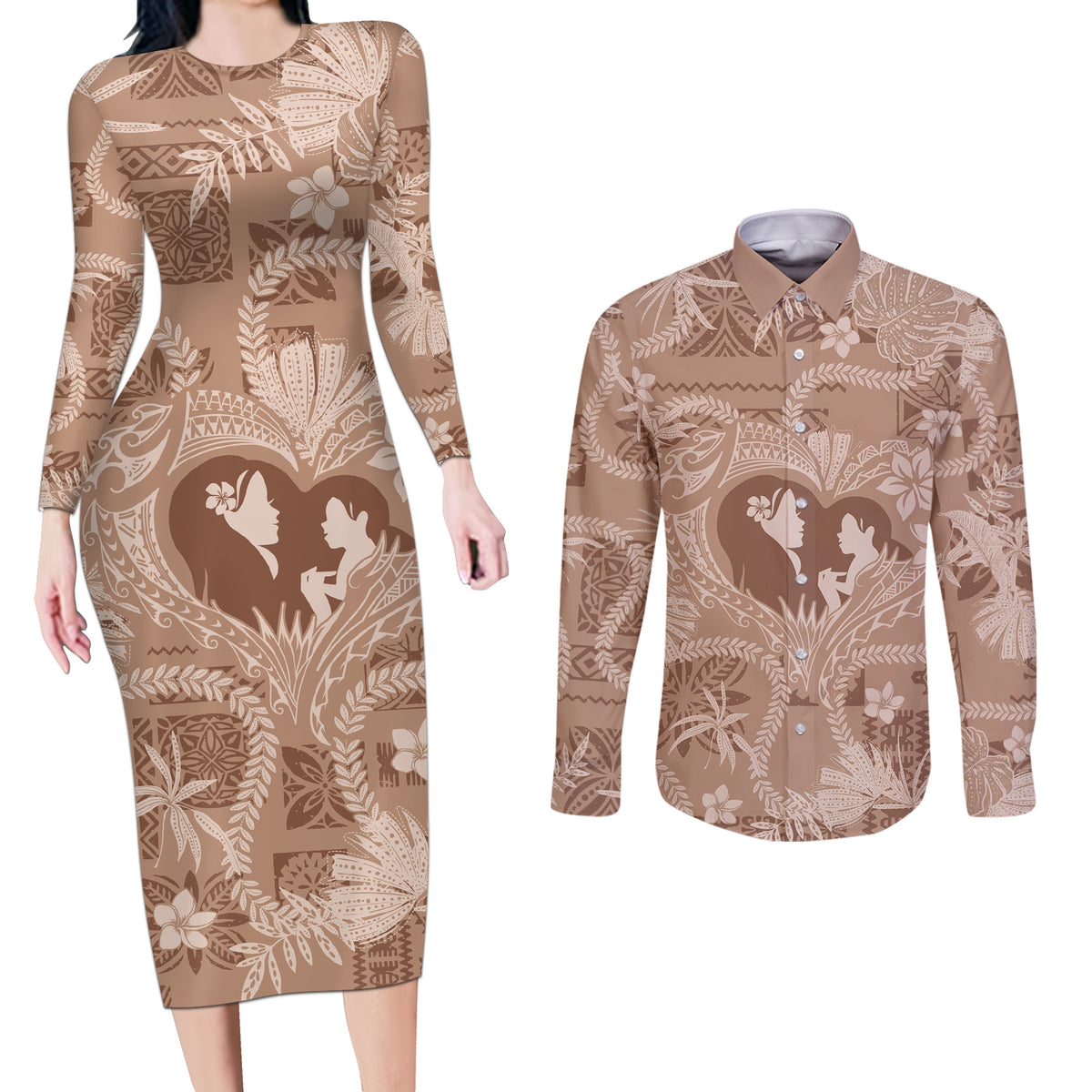 Hawaii Plumeria Couples Matching Long Sleeve Bodycon Dress and Long Sleeve Button Shirt Hau'oli la Makuahine Beige LT7 Beige - Polynesian Pride