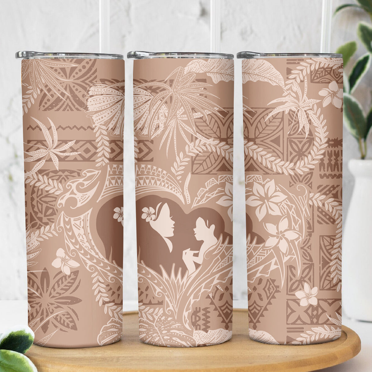 Hawaii Plumeria Skinny Tumbler Hau'oli la Makuahine Beige LT7 - Polynesian Pride
