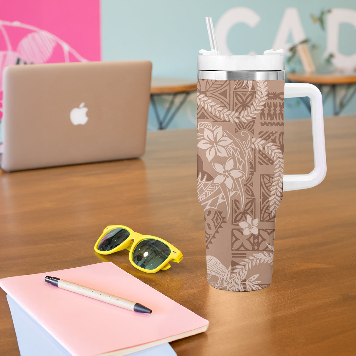 Hawaii Plumeria Tumbler With Handle Hau'oli la Makuahine Beige