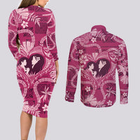 Hawaii Plumeria Couples Matching Long Sleeve Bodycon Dress and Long Sleeve Button Shirt Hau'oli la Makuahine Rosy LT7 - Polynesian Pride