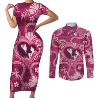 Hawaii Plumeria Couples Matching Short Sleeve Bodycon Dress and Long Sleeve Button Shirt Hau'oli la Makuahine Rosy LT7 Pink - Polynesian Pride