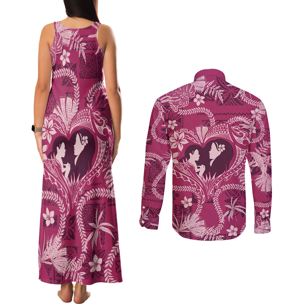 Hawaii Plumeria Couples Matching Tank Maxi Dress and Long Sleeve Button Shirt Hau'oli la Makuahine Rosy LT7 - Polynesian Pride