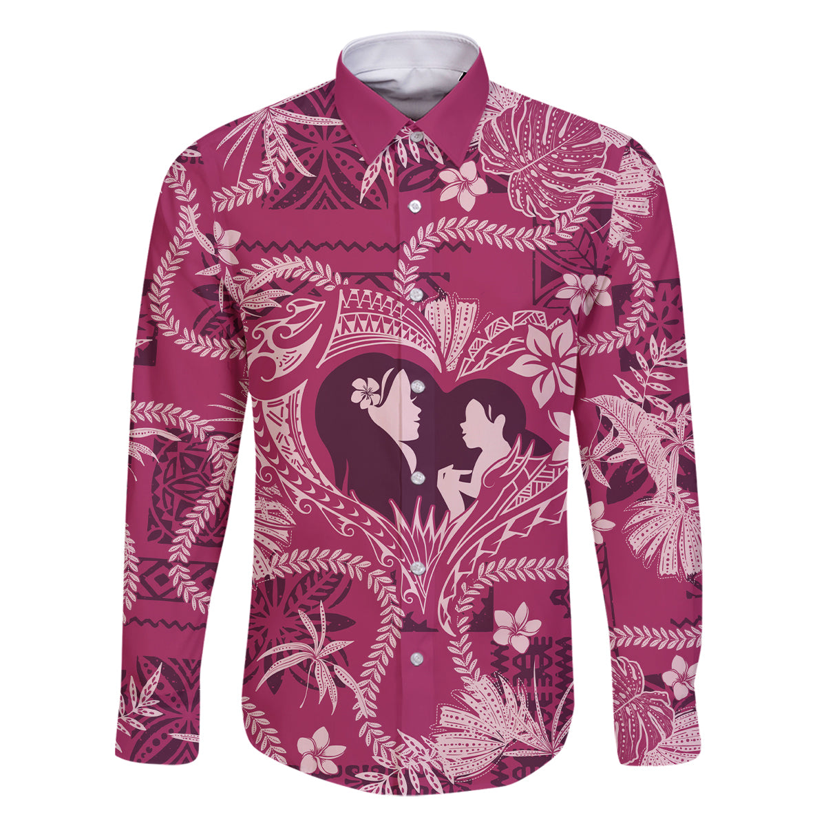 Hawaii Plumeria Family Matching Summer Maxi Dress and Hawaiian Shirt Hau'oli la Makuahine Rosy LT7 Dad's Shirt - Long Sleeve Pink - Polynesian Pride