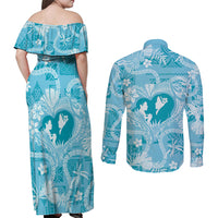 Hawaii Plumeria Couples Matching Off Shoulder Maxi Dress and Long Sleeve Button Shirt Hau'oli la Makuahine Turquoise LT7 - Polynesian Pride