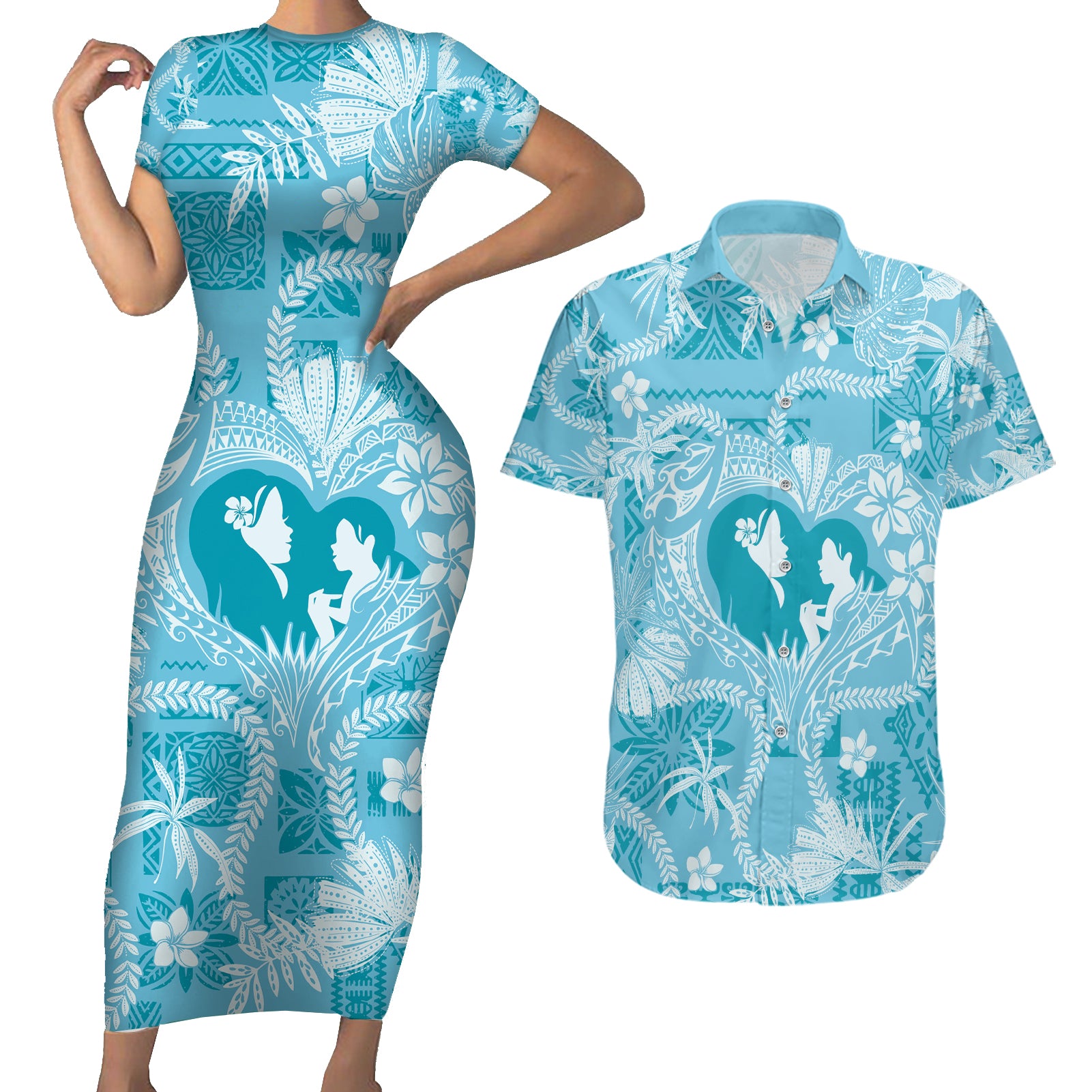 Hawaii Plumeria Couples Matching Short Sleeve Bodycon Dress and Hawaiian Shirt Hau'oli la Makuahine Turquoise LT7 Turquoise - Polynesian Pride
