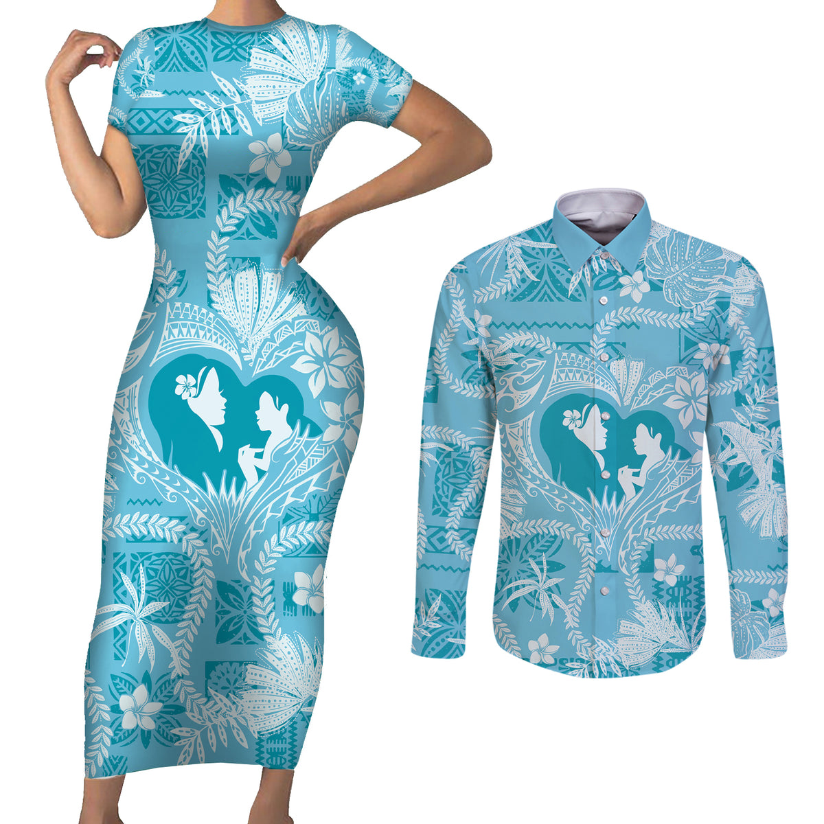 Hawaii Plumeria Couples Matching Short Sleeve Bodycon Dress and Long Sleeve Button Shirt Hau'oli la Makuahine Turquoise LT7 Turquoise - Polynesian Pride