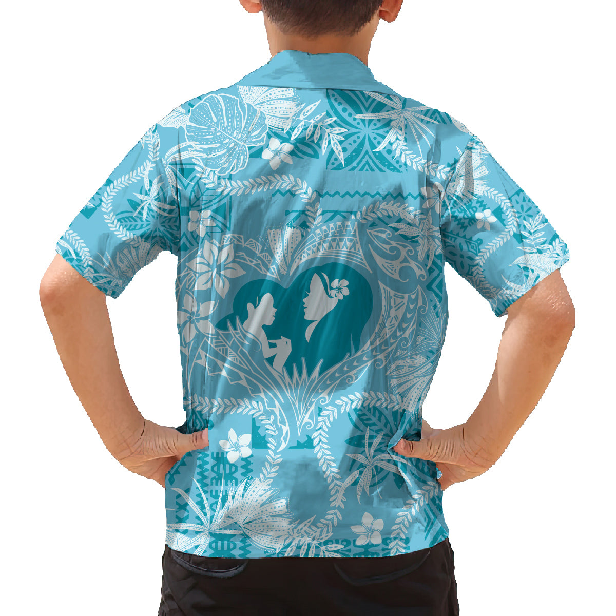 Hawaii Plumeria Family Matching Off The Shoulder Long Sleeve Dress and Hawaiian Shirt Hau'oli la Makuahine Turquoise LT7 - Polynesian Pride