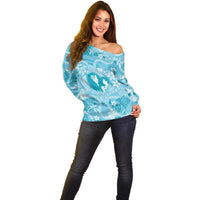 Hawaii Plumeria Off Shoulder Sweater Hau'oli la Makuahine Turquoise LT7 - Polynesian Pride