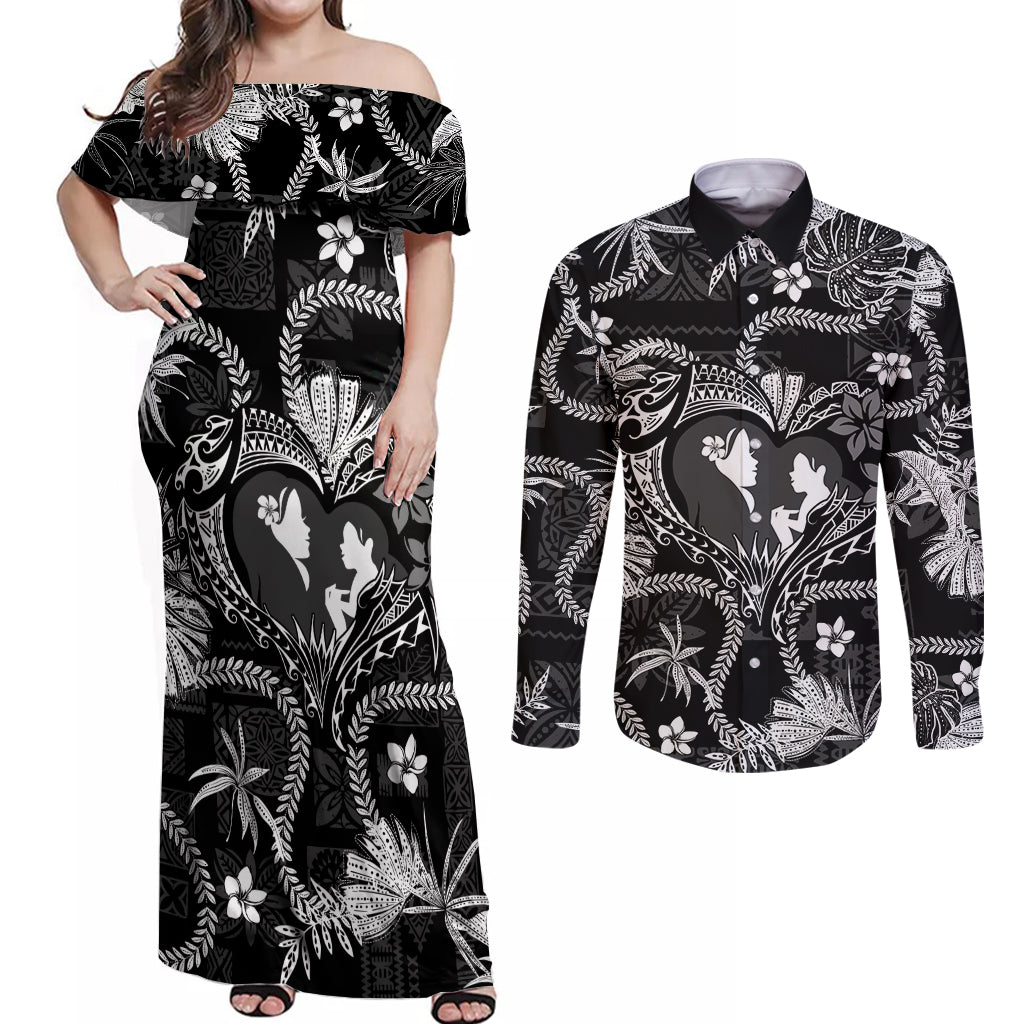 Hawaii Plumeria Couples Matching Off Shoulder Maxi Dress and Long Sleeve Button Shirt Hau'oli la Makuahine Monochrome LT7 Black - Polynesian Pride