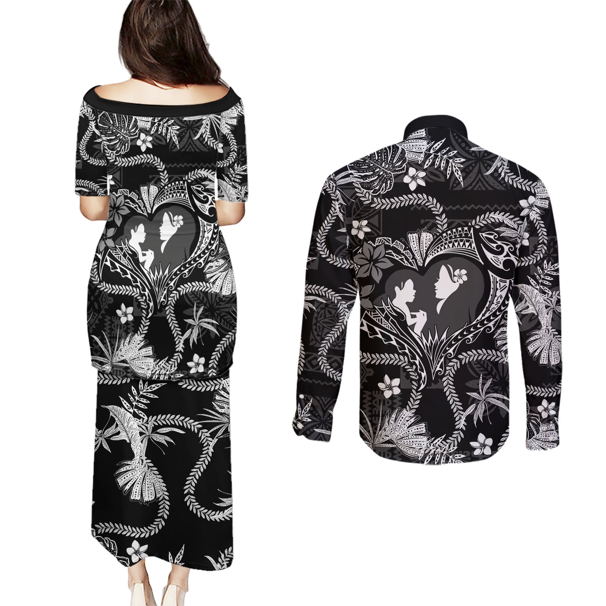 Hawaii Plumeria Couples Matching Puletasi and Long Sleeve Button Shirt Hau'oli la Makuahine Monochrome LT7 - Polynesian Pride