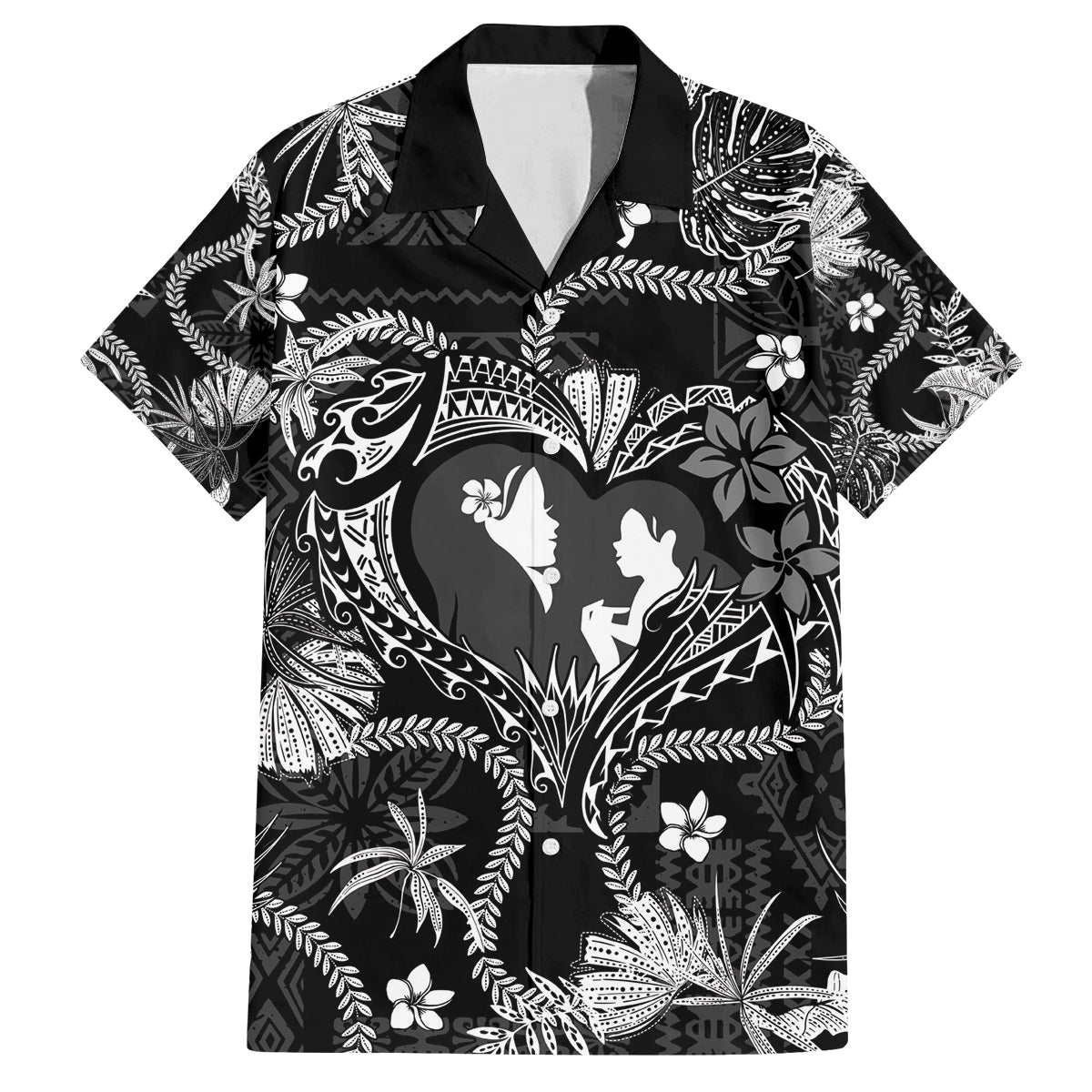 Hawaii Plumeria Family Matching Summer Maxi Dress and Hawaiian Shirt Hau'oli la Makuahine Monochrome LT7 Dad's Shirt - Short Sleeve Black - Polynesian Pride