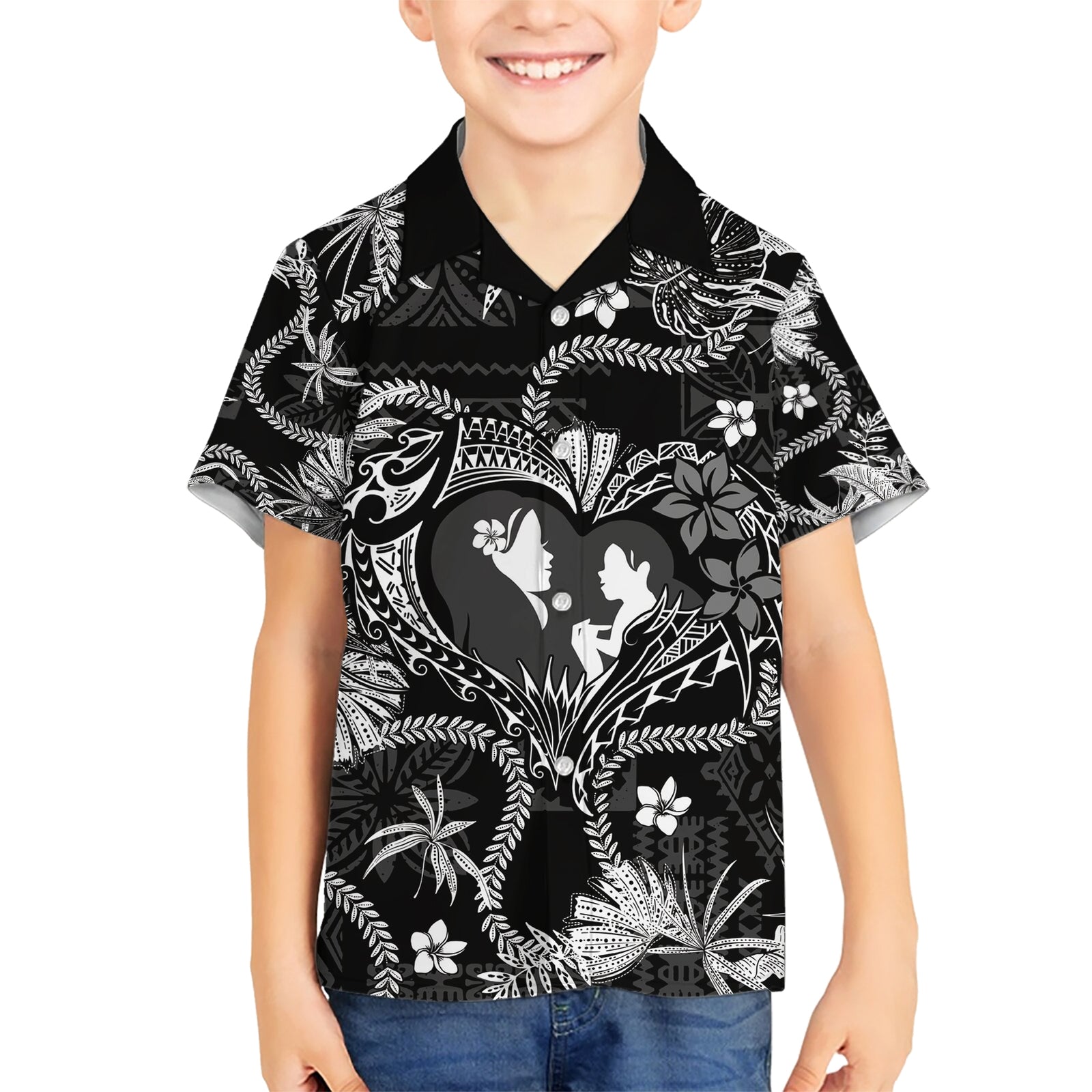 Hawaii Plumeria Kid Hawaiian Shirt Hau'oli la Makuahine Monochrome LT7 Kid Black - Polynesian Pride