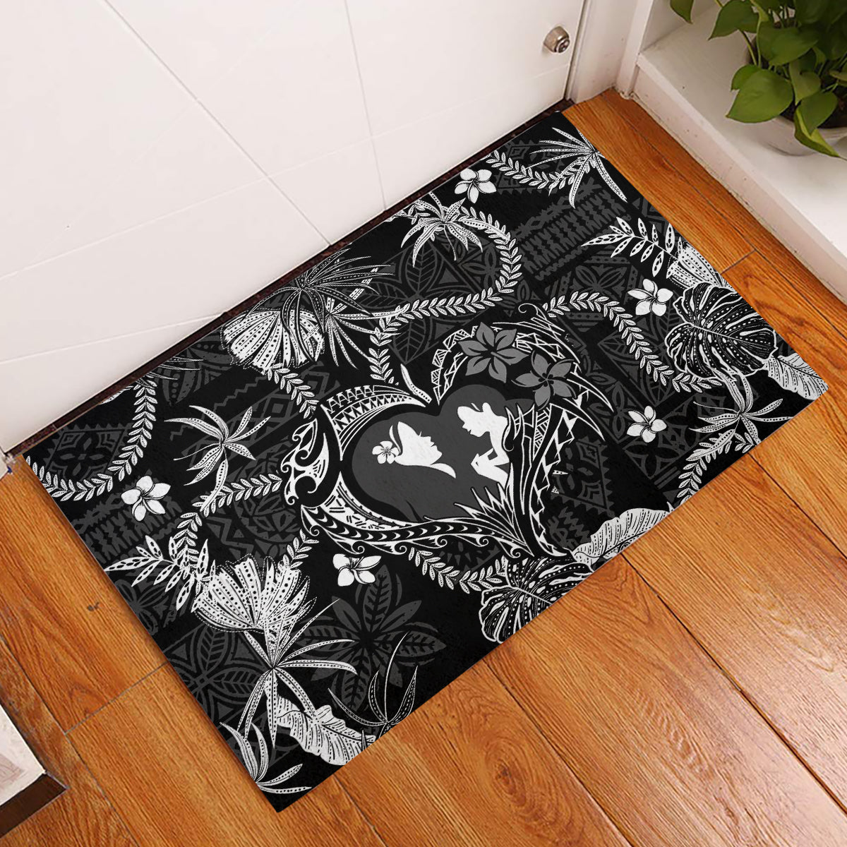 Hawaii Plumeria Rubber Doormat Hau'oli la Makuahine Monochrome LT7 Black - Polynesian Pride