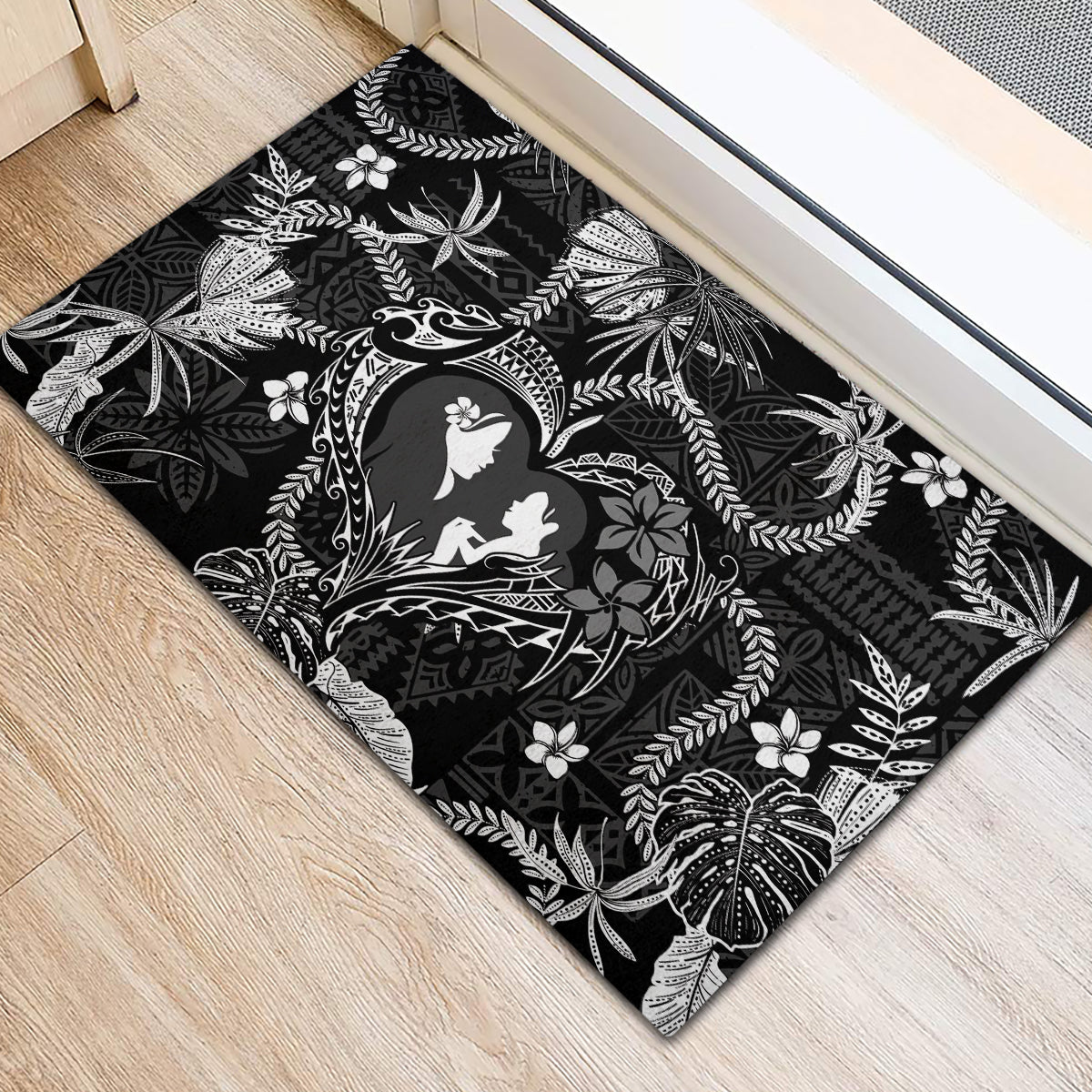 Hawaii Plumeria Rubber Doormat Hau'oli la Makuahine Monochrome LT7 - Polynesian Pride
