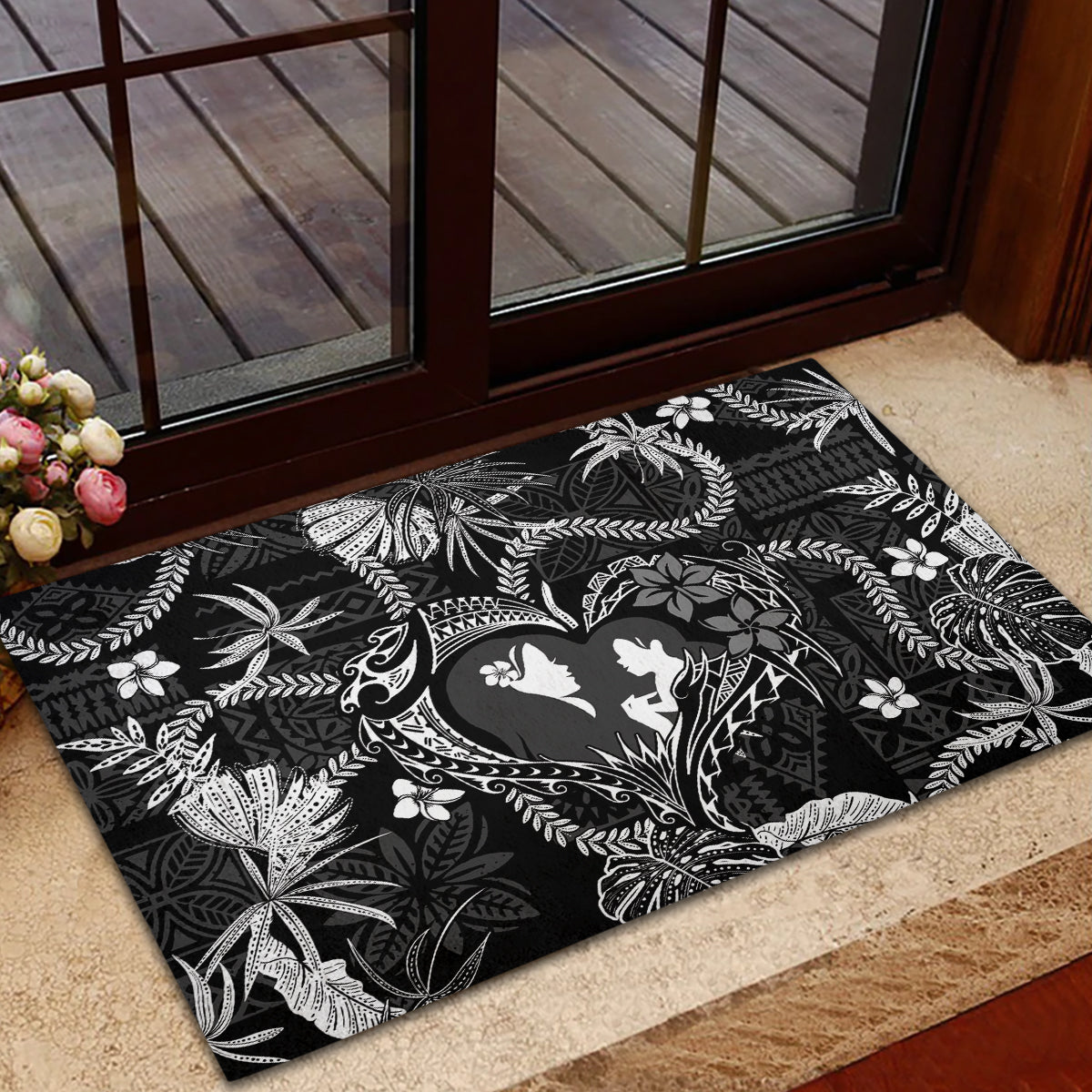 Hawaii Plumeria Rubber Doormat Hau'oli la Makuahine Monochrome LT7 - Polynesian Pride