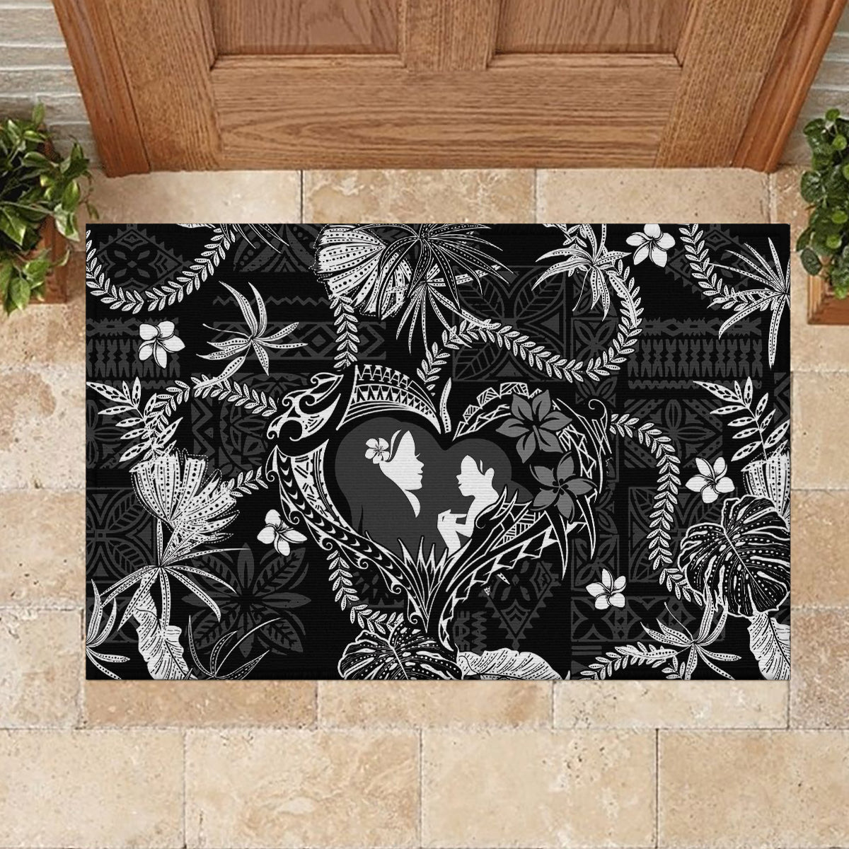 Hawaii Plumeria Rubber Doormat Hau'oli la Makuahine Monochrome LT7 - Polynesian Pride