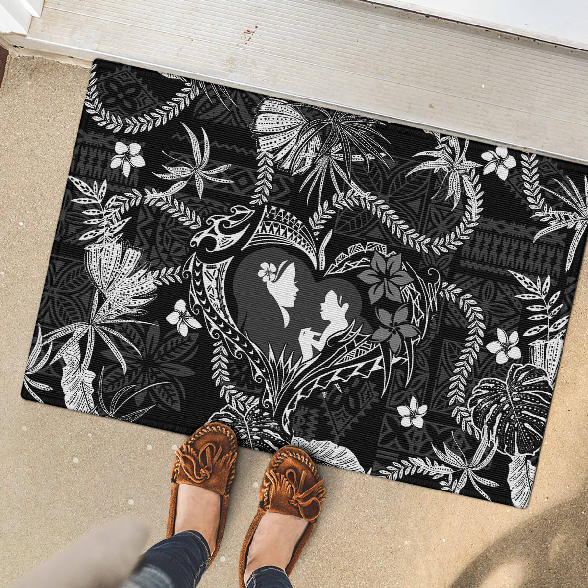 Hawaii Plumeria Rubber Doormat Hau'oli la Makuahine Monochrome LT7 - Polynesian Pride