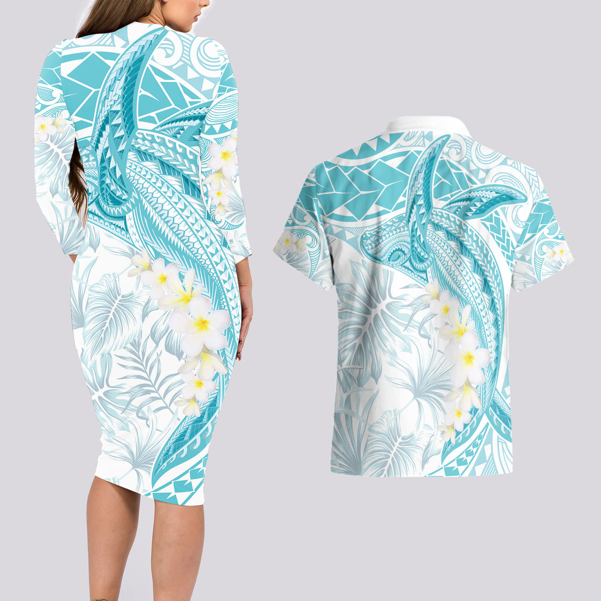 Polynesia Humpback Whale Couples Matching Long Sleeve Bodycon Dress and Hawaiian Shirt Tropical Plumeria Turquoise LT7 - Polynesian Pride