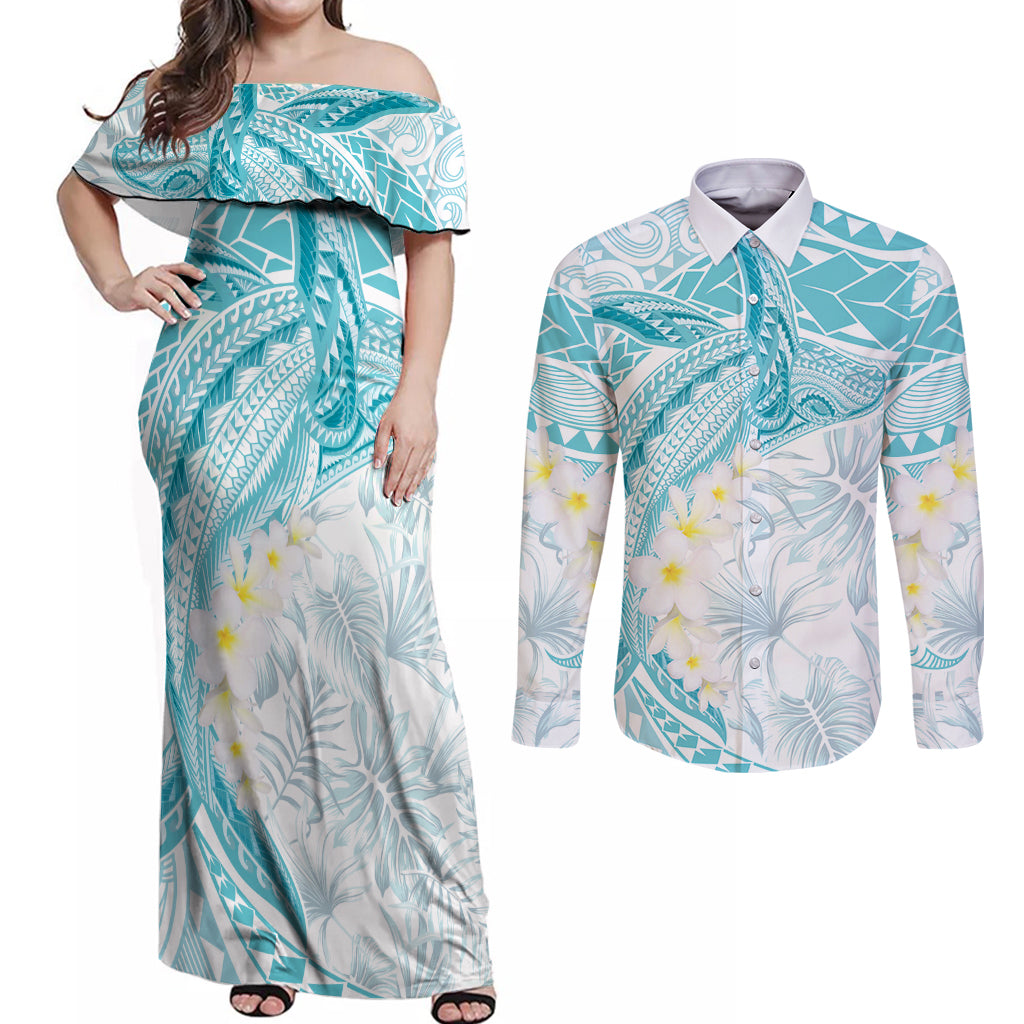 Polynesia Humpback Whale Couples Matching Off Shoulder Maxi Dress and Long Sleeve Button Shirt Tropical Plumeria Turquoise