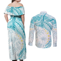 Polynesia Humpback Whale Couples Matching Off Shoulder Maxi Dress and Long Sleeve Button Shirt Tropical Plumeria Turquoise