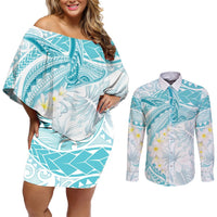 Polynesia Humpback Whale Couples Matching Off Shoulder Short Dress and Long Sleeve Button Shirt Tropical Plumeria Turquoise LT7 Turquoise - Polynesian Pride