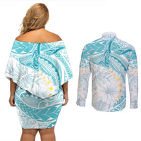 Polynesia Humpback Whale Couples Matching Off Shoulder Short Dress and Long Sleeve Button Shirt Tropical Plumeria Turquoise LT7 - Polynesian Pride