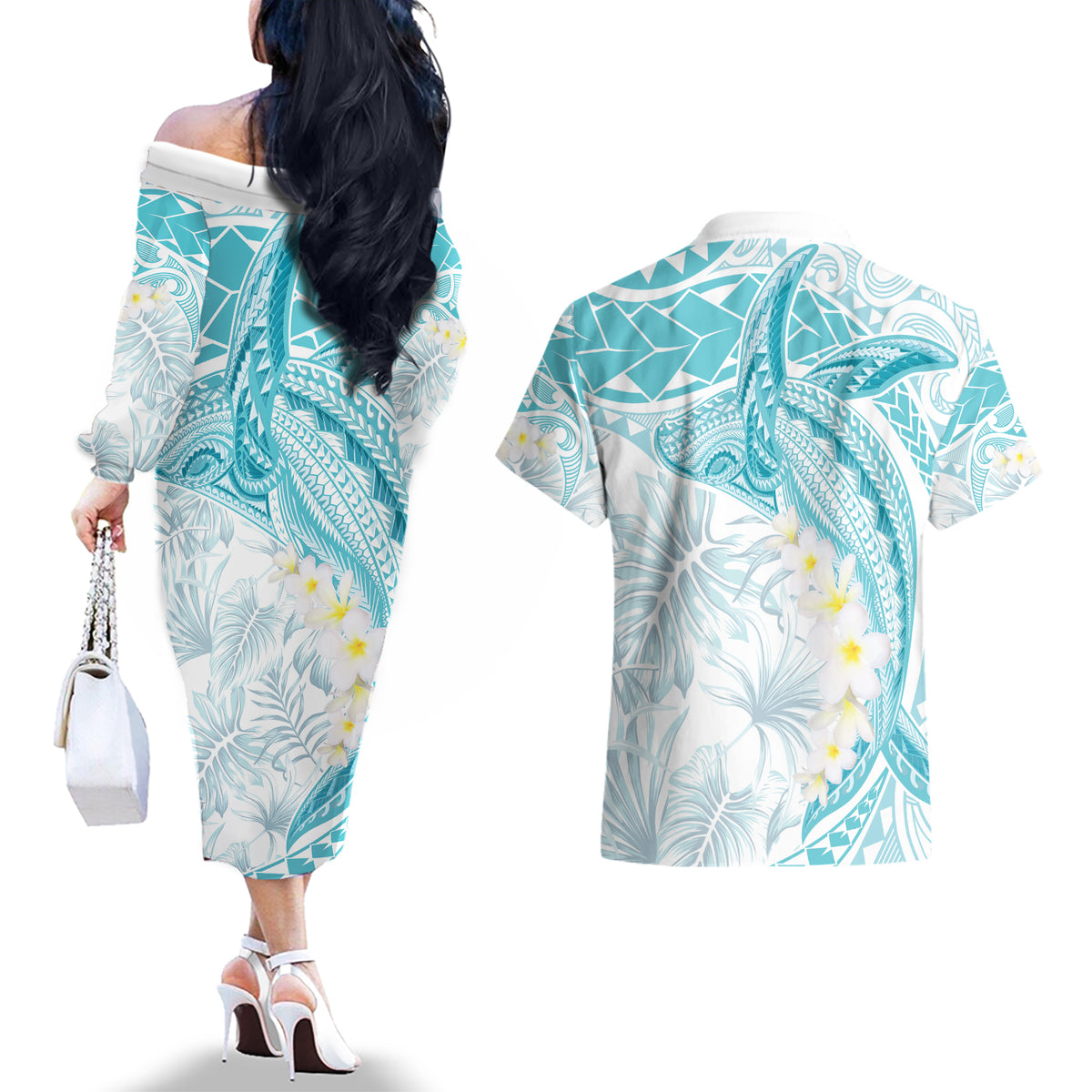 Polynesia Humpback Whale Couples Matching Off The Shoulder Long Sleeve Dress and Hawaiian Shirt Tropical Plumeria Turquoise LT7 - Polynesian Pride