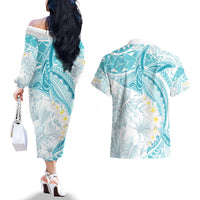 Polynesia Humpback Whale Couples Matching Off The Shoulder Long Sleeve Dress and Hawaiian Shirt Tropical Plumeria Turquoise LT7 - Polynesian Pride
