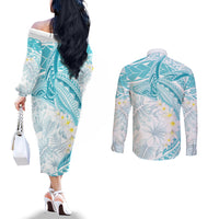 Polynesia Humpback Whale Couples Matching Off The Shoulder Long Sleeve Dress and Long Sleeve Button Shirt Tropical Plumeria Turquoise