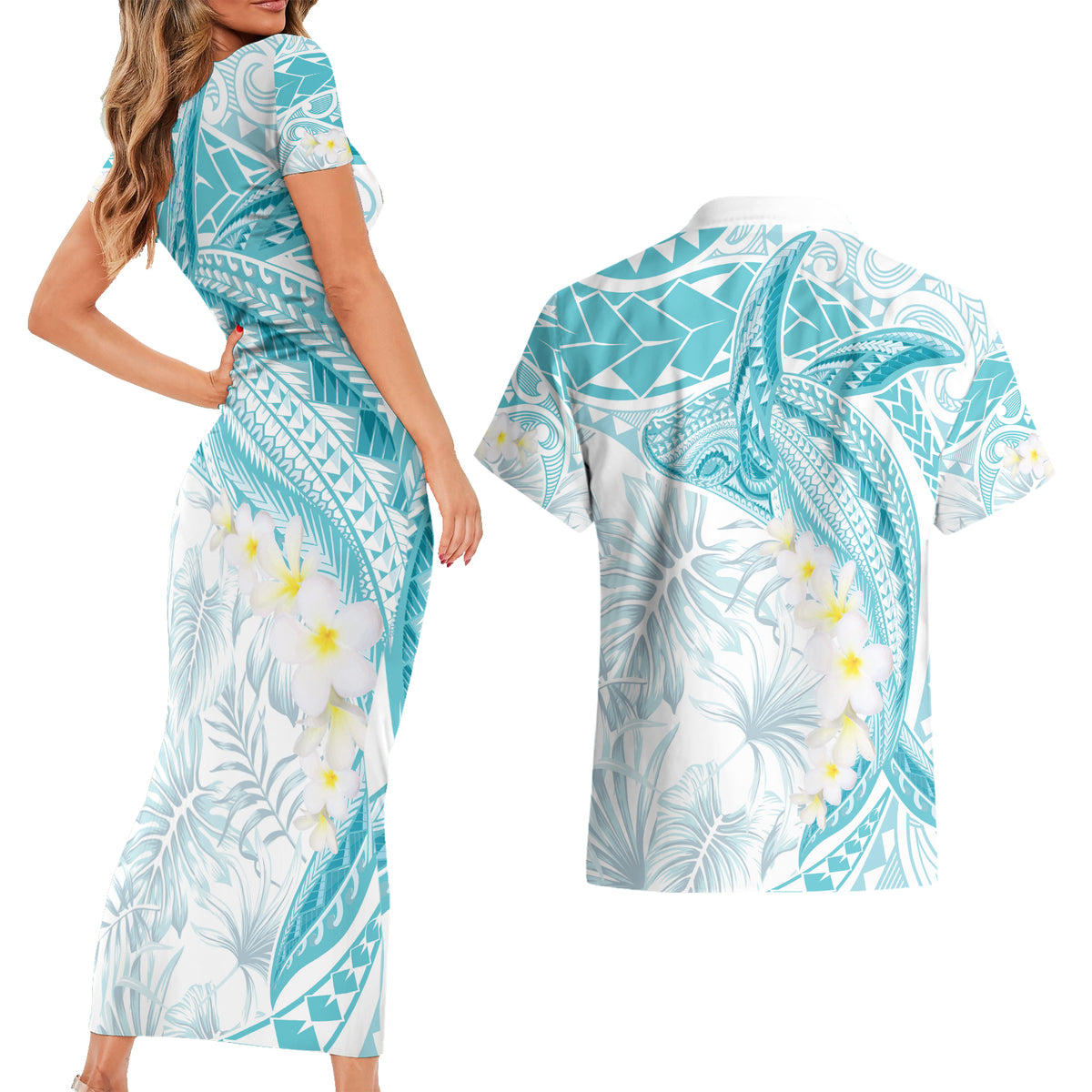 Polynesia Humpback Whale Couples Matching Short Sleeve Bodycon Dress and Hawaiian Shirt Tropical Plumeria Turquoise LT7 - Polynesian Pride