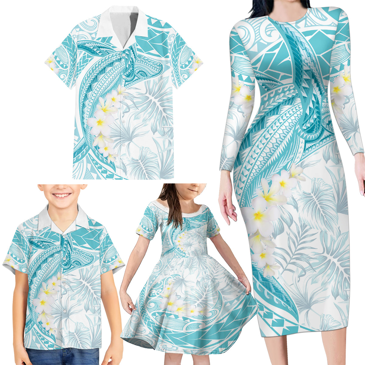 Polynesia Humpback Whale Family Matching Long Sleeve Bodycon Dress and Hawaiian Shirt Tropical Plumeria Turquoise LT7 - Polynesian Pride