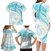 Polynesia Humpback Whale Family Matching Long Sleeve Bodycon Dress and Hawaiian Shirt Tropical Plumeria Turquoise LT7 - Polynesian Pride