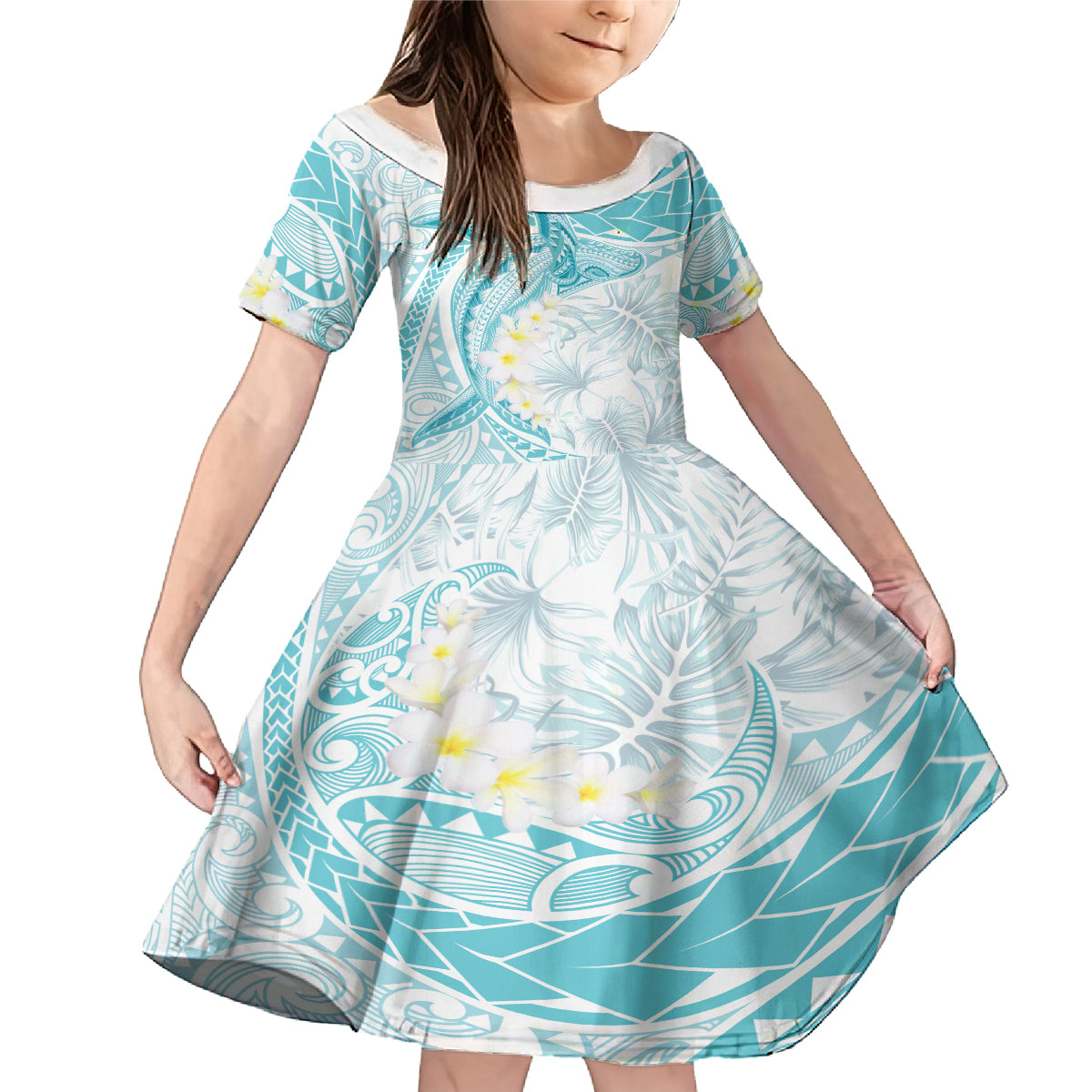 Polynesia Humpback Whale Family Matching Mermaid Dress and Hawaiian Shirt Tropical Plumeria Turquoise LT7 Daughter's Dress Turquoise - Polynesian Pride