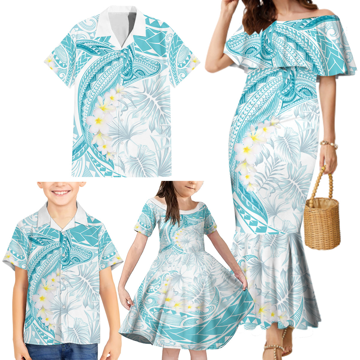 Polynesia Humpback Whale Family Matching Mermaid Dress and Hawaiian Shirt Tropical Plumeria Turquoise LT7 - Polynesian Pride