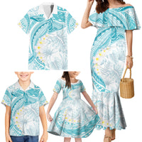 Polynesia Humpback Whale Family Matching Mermaid Dress and Hawaiian Shirt Tropical Plumeria Turquoise LT7 - Polynesian Pride
