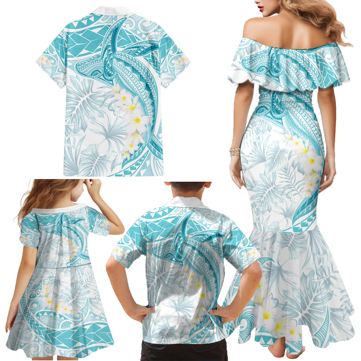 Polynesia Humpback Whale Family Matching Mermaid Dress and Hawaiian Shirt Tropical Plumeria Turquoise LT7 - Polynesian Pride